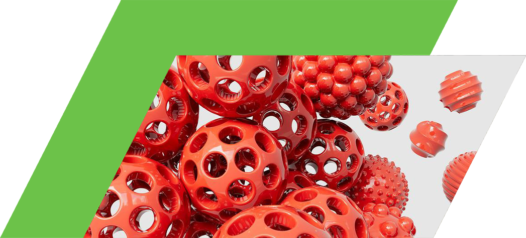 A cluster of shiny red spheres with various textures and patterns against a light gray background.