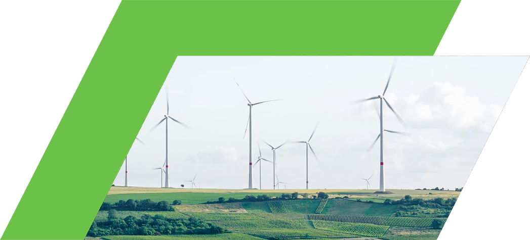 A landscape featuring multiple wind turbines spinning on a green hillside under a light blue sky.