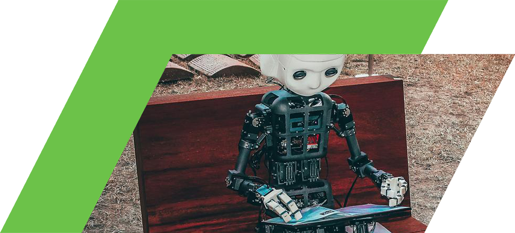 A humanoid robot with a white head sits on a wooden bench, holding a tablet in a modern indoor setting.