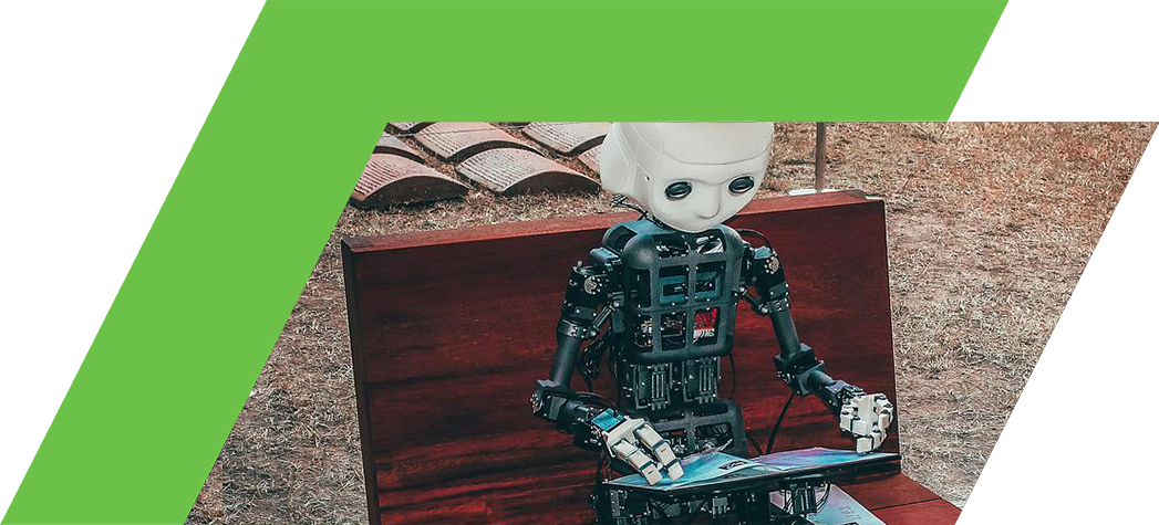 A humanoid robot sits on a wooden bench, looking at a tablet in its hands.
