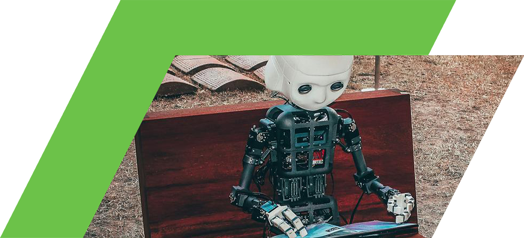 A humanoid robot with a white head and mechanical body sits on a wooden bench, holding a tablet.