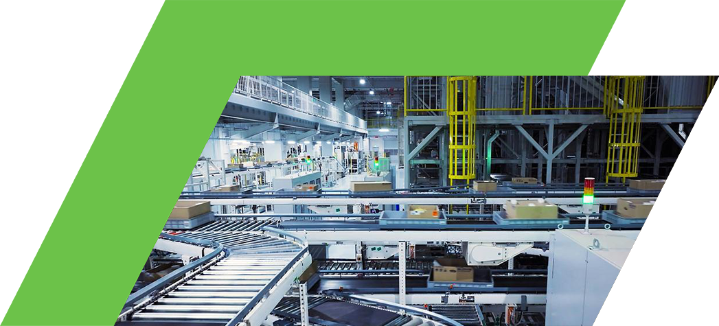 A modern automated warehouse with conveyor belts transporting boxes across multiple levels.
