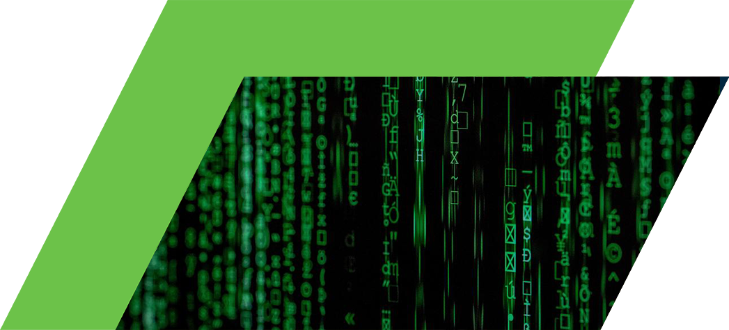 A close-up image of green digital code cascading down a dark background, reminiscent of the Matrix movie aesthetic.