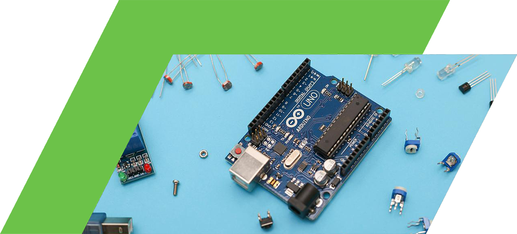 An Arduino Uno board surrounded by various electronic components on a blue background.