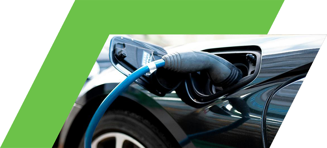 An electric vehicle is being charged with a blue charging cable connected to its charging port.