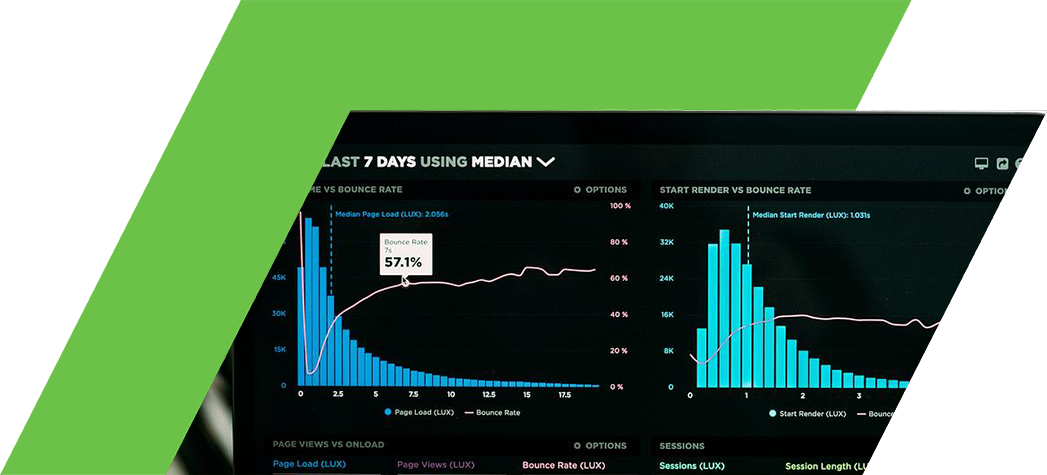 A digital dashboard displaying user metrics for the last seven days, including load time, bounce rate, and session statistics.