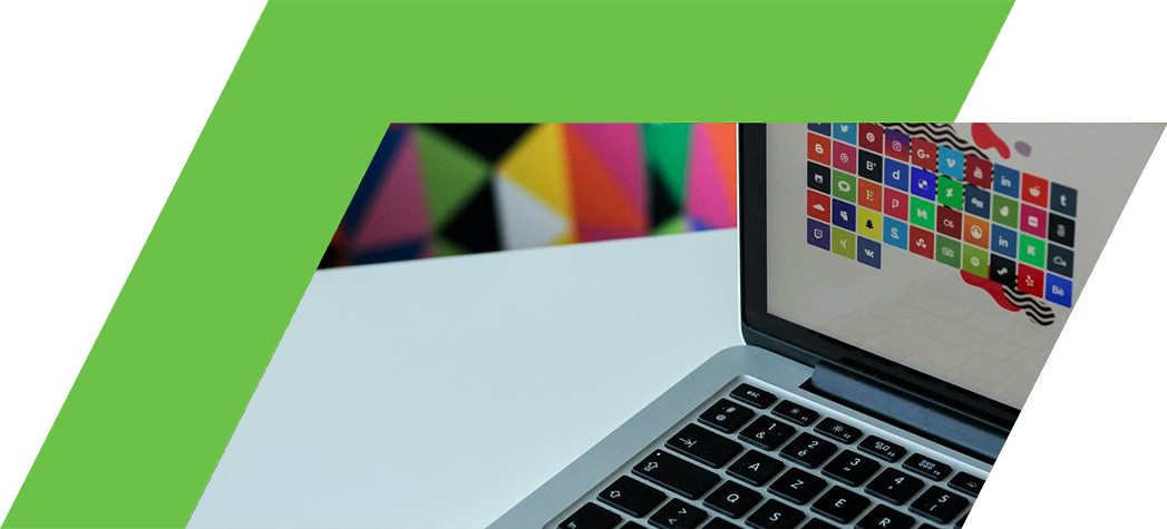 A close-up of a laptop keyboard with a colorful geometric background and a colorful social media icon layout displayed on the screen.