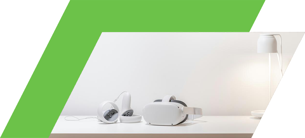 A minimalistic setup featuring a virtual reality headset and controllers alongside a modern lamp on a white table.