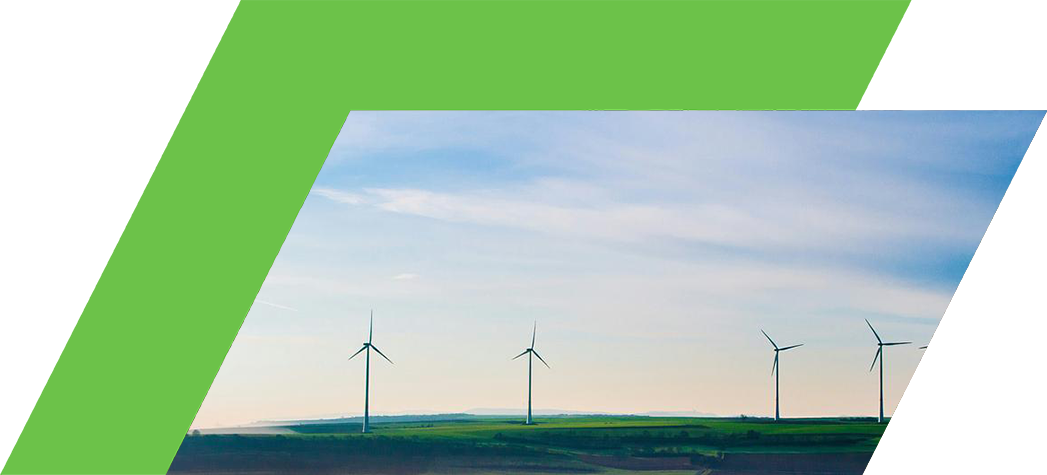 A line of wind turbines stands against a clear blue sky and green landscape.