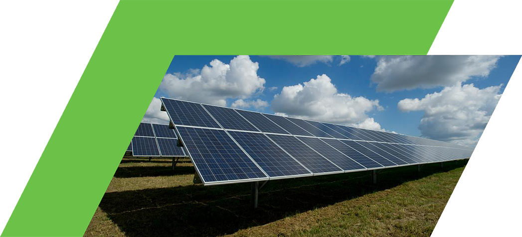 A row of solar panels installed in a grassy field under a bright blue sky with fluffy white clouds.