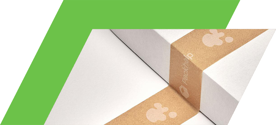 A white box sealed with branded kraft paper tape featuring the logo of Packhelp.
