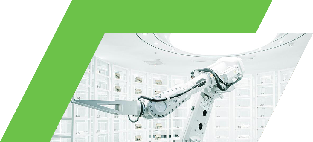 A robotic arm is positioned in a modern, minimalist storage space filled with transparent cabinets.