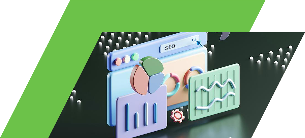 A colorful 3D illustration depicting SEO analytics with graphs, charts, and a rocket.