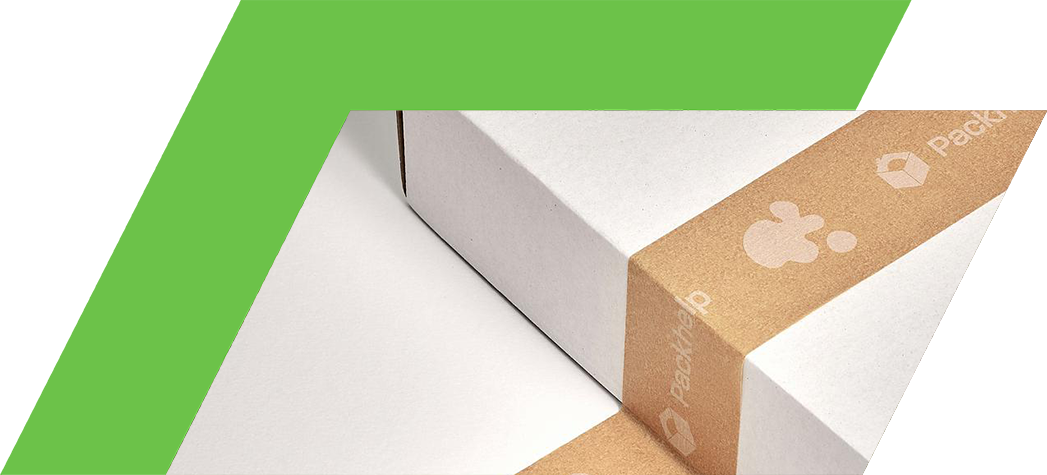 A white box secured with brown packing tape branded with the logo "Packhelp."