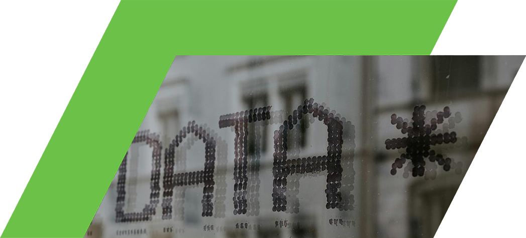 Window display featuring the word "DATA" in a stylized font with a decorative asterisk.