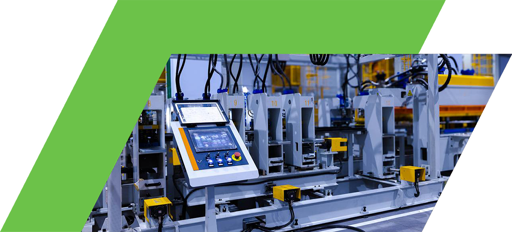 A modern industrial machine control panel is displayed in a high-tech manufacturing facility.