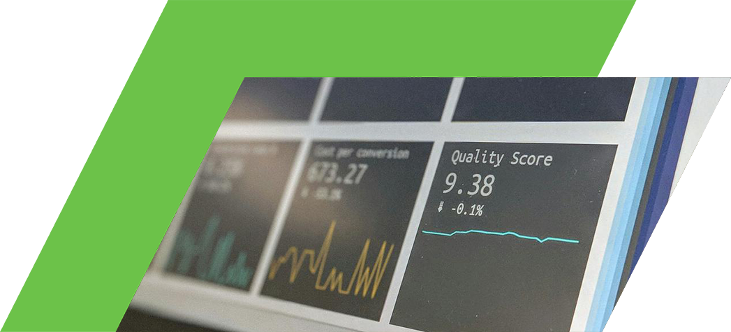 A close-up view of a digital screen displaying various performance metrics and analytics graphs, including CTR and Quality Score.