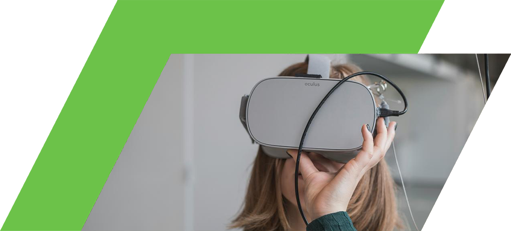 A person wearing a virtual reality headset in a modern indoor setting.