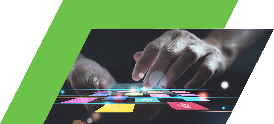 Man using smartphone with colourful mobile apps on virtual screen, digital software technology development concept