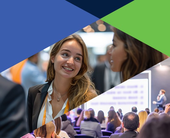 Bustling high-tech convention center with innovative exhibits, Back view of unrecognizable people, audience listening lecture, presentation at trade show, conference hall