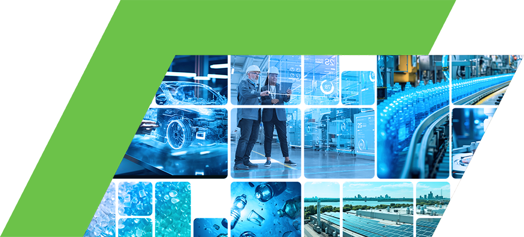 Photo collage of a car assembly, engineers in an assembly manufacturing plant, water bottles on a process packaging machine, materials, empty bottles, and solar panels on roofs.
