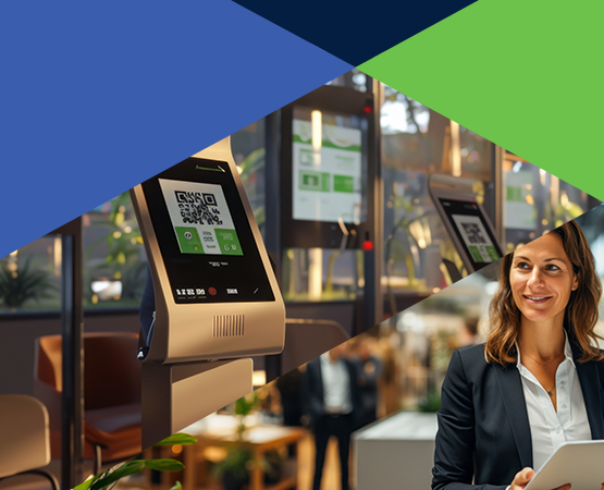 Multiple kiosks with digital displays & a professional businesswoman multitasking at a trade show with a digital tablet