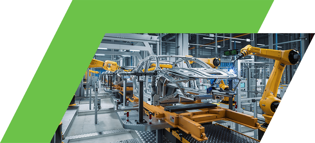 Car Factory 3D Concept: Automated Robot Arm Assembly Line Manufacturing Advanced High-Tech Green Energy Electric Vehicles
