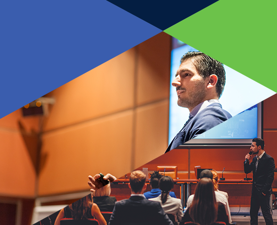 Photos of a man is presenting at a keynote and group of attenddees attending a conference