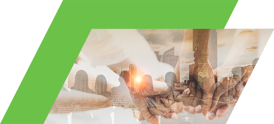 Double exposure panoramic teamwork business join hand together with silhouette business people